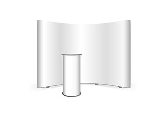 Vector 3d mock up or template of event curved pop up trade show stand banner display and promotion exhibition event or bar presentation rounded table, promotion counter or booth isolated on white.