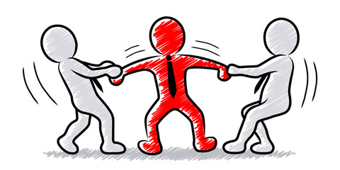 Rot-graue Strichmännchen: Jemanden auf seine Seite ziehen / Mitarbeiter abwerben / Hin und her gerissen sein – Schraffierte Vektor-Zeichnung - 248885643