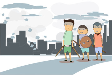 Boys go out to play outdoors without a protective mask. Polluted weather in the city. Concept flat style vector illustration environmental impact.-EPS10