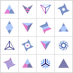 Design elements set. Triangle, circle, diamond shapes. Geometric striped icons.
