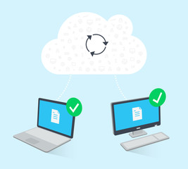 Cloud computing infographic template with computers sharing documents through the cloud service. Modern flat illustration.