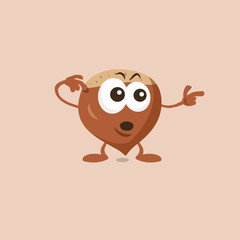 Illustration of cute surprised hazelnut mascot pointing to the left isolated on light background. Flat design style for your mascot branding.