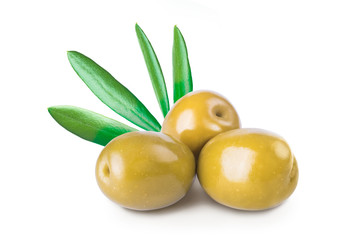Olive berries with leaves isolated on white