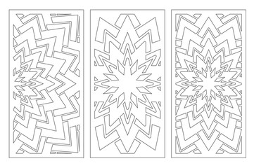 Set decorative card for cutting. Geometry, line, flower pattern. Laser cut panel. Ratio 1:2. Vector illustration.