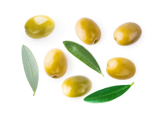 Olive berries with leaves isolated on white