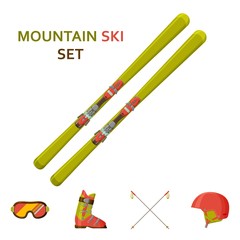 Mountain skies icon collection. Set with equipment, wear and shoes