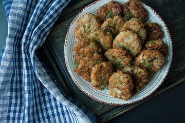 Pork cutlets on a plate. View from above.
