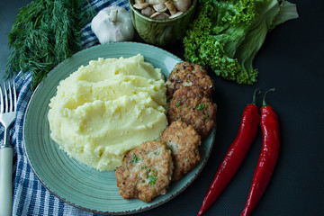 Pork cutlets with mashed potatoes, greens and fresh vegetables on a black background. View from above.