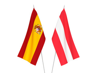 National fabric flags of Austria and Spain isolated on white background. 3d rendering illustration.