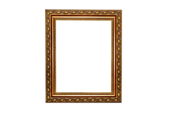 Wooden frame for paintings with patina, made in a classic design. Isolated. Picture frame. White background.