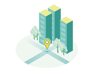 Isometric pin. Vector art in isometric style buildings and location. Illustration in blues tones in 3d/ Simple flat and clean