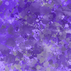 Violet paint splatter effect texture on gray paper background. Artistic backdrop. Different paint drops. Rusted metal.