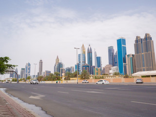 Fototapeta na wymiar Panorama of tall Skyscrapers in skyline of Dubai.
