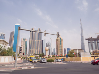 Panorama of tall Skyscrapers in skyline of Dubai.