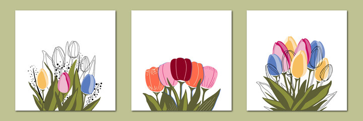 Vector set of creative spring universal floral cards with flat tulips.Design for poster, card, invitation, placard, brochure, flyer.In trendy colors on white background.