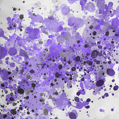 Violet paint splatter effect texture on gray paper background. Artistic backdrop. Different paint drops. Rusted metal.