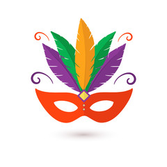 Hand drawn flat Carnival mask with feathers. Happy carnival festive Illustrations of venetian painted carnival facial mask for party, festive design, decoration, clip art, print, icon, badge. Vector.