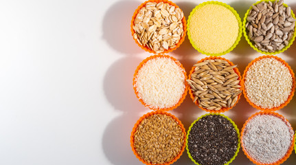 A set of dietary products. Cereals gluten-free bulk products and additives