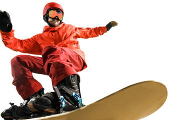 Portrait of young man in sportswear with snowboard isolated on a white studio background. The...