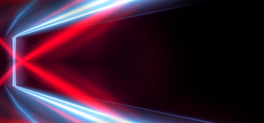 Tunnel neon light, underground passage. Abstract red background. Background black empty with neon light. Abstract background with lines and glow