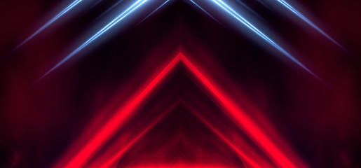 Tunnel neon light, underground passage. Abstract red background. Background black empty with neon light. Abstract background with lines and glow