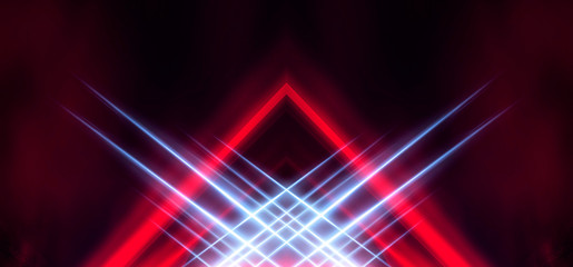 Tunnel neon light, underground passage. Abstract red background. Background black empty with neon light. Abstract background with lines and glow