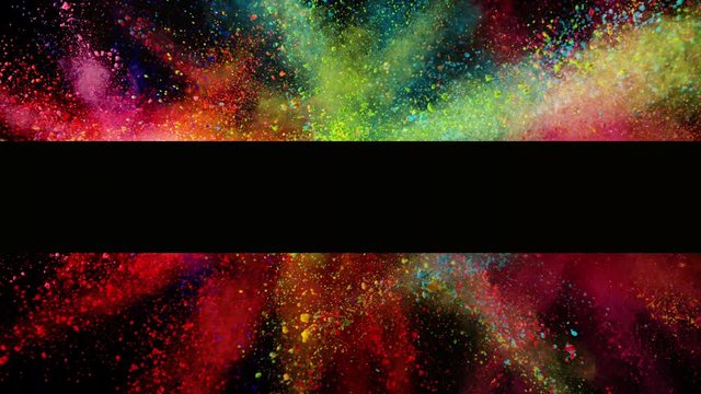Super slow motion of coloured powder explosion with empty stripe. Filmed on high speed cinema camera, 1000fps. Isolated on black background