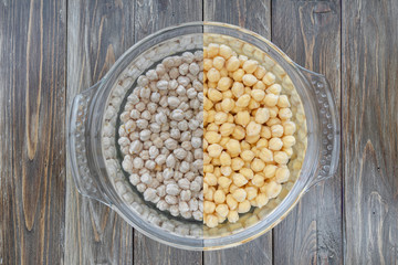 Chickpeas before and after soaking in water