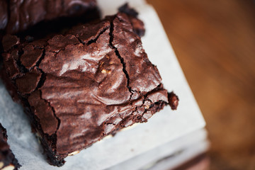 Closeup of a freshly baked stack of chocolate brownies 