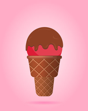 Red ice cream with chocolate topping in waffle cup, dairy product. Ice cream scoop image in flat style. Vector illustration.
