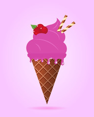 Ice cream in waffle cone, dairy product. Ice cream scoop image in flat style. Vector illustration.