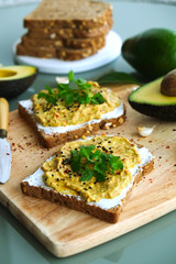 Vegan sandwich, rye bread guacamole toast with lactose free cheese spread. Nutrient dense avocado based superfood full of heart-healthy monounsaturated fat. Close up, copy space top view, background.