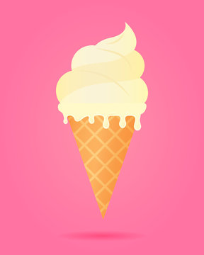 Vanilla ice cream in waffle cone, dairy product. Ice cream scoop image in flat style. Vector illustration.