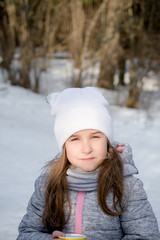 portrait cute little girl winter forest vertical photo
