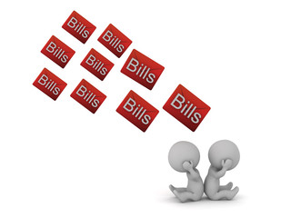 Stressed 3D Characters with Many Bills Falling Over Them