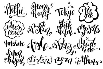 Famous capital city of the world. City lettering on white background. Handwritten city name black vector isolated