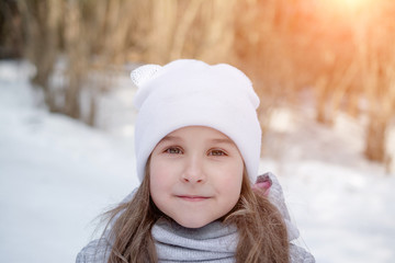 close up portrait cute little girl winter forest