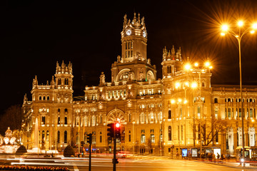 Fototapeta premium Night view over beautiful Communication Palace, Madrid