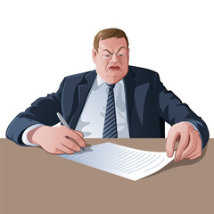 Official or boss or director sigs a paper. Serious man in business formal outfit signs a document.  