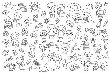 Traditional family with parents and children. Outlined flower and bird vector clipart. Child coloring element on white background