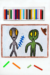 Colorful drawing: two different aliens, gray and green