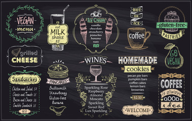 Chalkboard menu, vegan menu, gluten free menu, grilled cheese, sandwiches, pancakes, wines, homemade cookies, ice cream and coffee