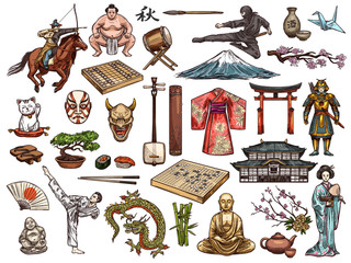 Japanese culture, religion vector symbols © Vector Tradition