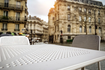 Wite table background of free space and Paris landscape 