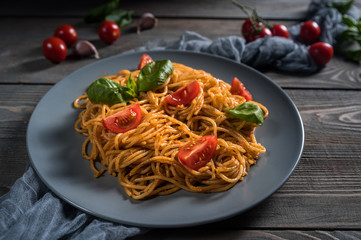 Tasty appetizing classic italian spaghetti pasta with tomatoes