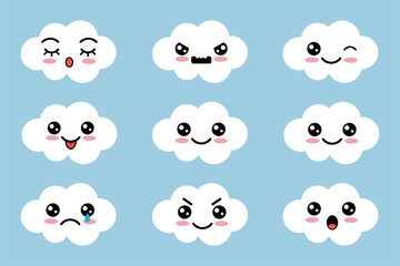 Set of cloud with different mood. Kawaii with different faces expressions