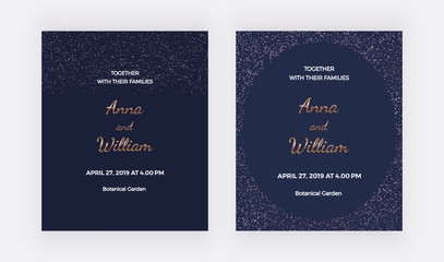 Dark blue wedding invitation cards with rose gold confetti borders frame. Trendy templates for banner, flyer, poster, save the date, greeting