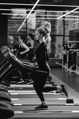 Black and white photo of the athletic girl dressed in a black sportswear running on the treadmill in the modern gym