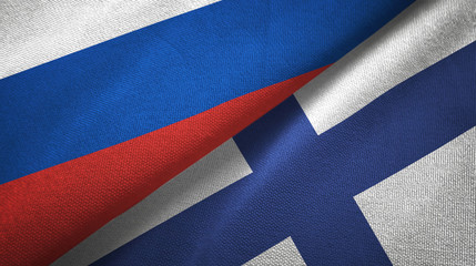 Russia and Finland two flags textile cloth, fabric texture