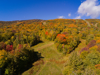 Aerial view of some rural fall color landscape over Mont Orford